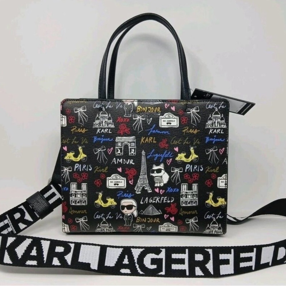 Karl Lagerfeld Black Multicolor Paris Print Satchel/Crossbody Adorable